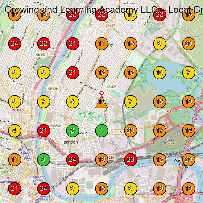 Growing and Learning Academy LLC Day Care Center GeoGrid ranking map for Kearny NJ